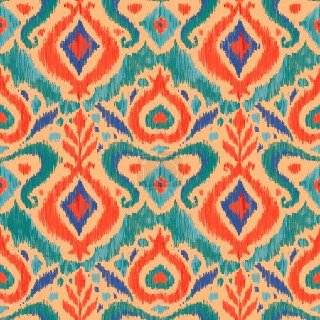 Photo for Ikat traditional folk textile pattern. Tribal ethnic hand drawn texture. Seamless background in Aztec, Indian, Scandinavian, Gypsy, or Mexican style. Raster illustration. - Royalty Free Image