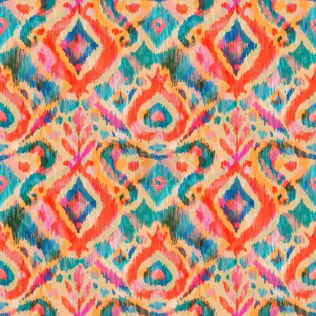 Photo for Ikat traditional folk textile pattern. Tribal ethnic hand drawn texture. Seamless background in Aztec, Indian, Scandinavian, Gypsy, or Mexican style. Raster illustration. - Royalty Free Image