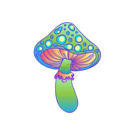 Illustration for Magic mushrooms. Psychedelic hallucination. Vibrant vector illustration isolated on white. 60s hippie colorful art in vivid acid colors. Sticker, patch, poster graphic design. - Royalty Free Image