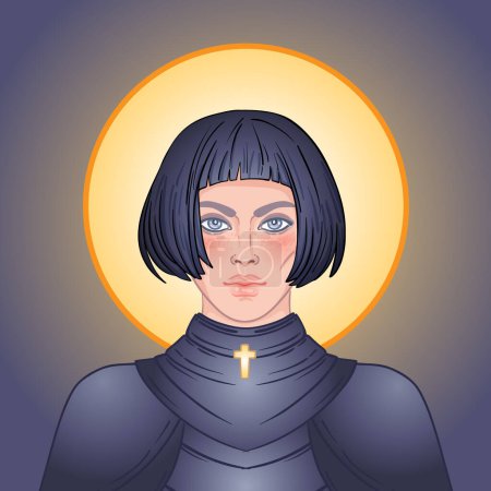 Illustration for Portrait of beautiful girl with a sword. Female knight in armour. Vector illustration. Medieval aesthetics. Girl power. Joan of Arc inspired. Sticker, patch, t-shirt print, logo design. - Royalty Free Image