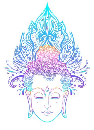 Buddha-Gesicht über verziertem Mandala-Muster. Esoterische Vintage-Vektorillustration. Indisch, Buddhismus, spirituelle Kunst. Hippie-Tätowierung, Spiritualität, thailändischer Gott, Yoga Zen Malbuchseiten für Erwachsene.