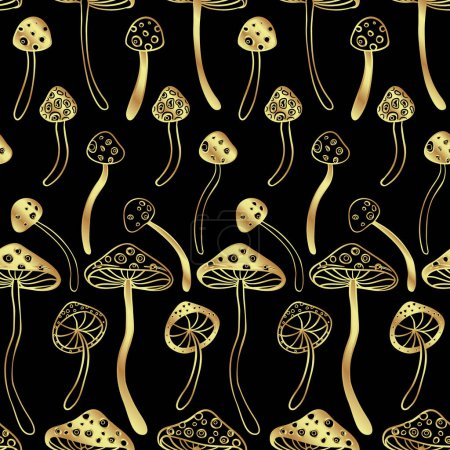 Foto de Magic mushrooms golden seamless pattern. Psychedelic hallucination. 60s hippie colorful art. Vintage psychedelic textile, fabric, wrapping, wallpaper. Vector repeating illustration. - Imagen libre de derechos