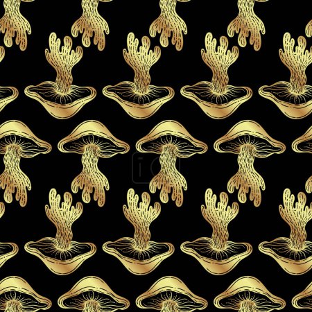 Foto de Magic mushrooms golden seamless pattern. Psychedelic hallucination. 60s hippie colorful art. Vintage psychedelic textile, fabric, wrapping, wallpaper. Vector repeating illustration. - Imagen libre de derechos