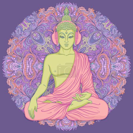Illustration for Modern Buddha listening to the music in headphones. Vector illustration. Vintage psychedelic composition. Buddhism, trance music. Tattoo, yoga, spirituality. - Royalty Free Image