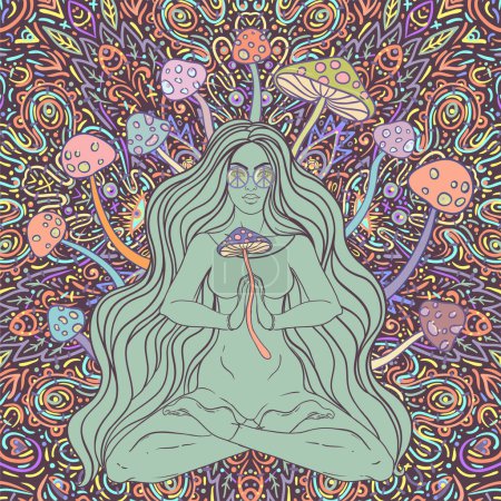 Foto de Meditating Girl sitting in lotus position over ornate colorful mandala background with mushrooms. Vector illustration. Psychedelic composition. Buddhism esoteric motifs. Tattoo, spiritual yoga. - Imagen libre de derechos