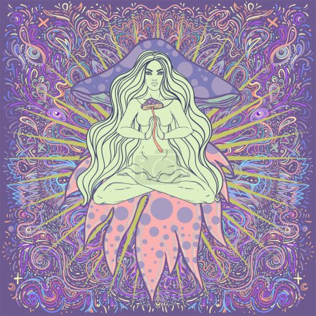Illustration for Meditating Girl sitting in lotus position over ornate colorful mandala background with mushrooms. Vector illustration. Psychedelic composition. Buddhism esoteric motifs. Tattoo, spiritual yoga. - Royalty Free Image