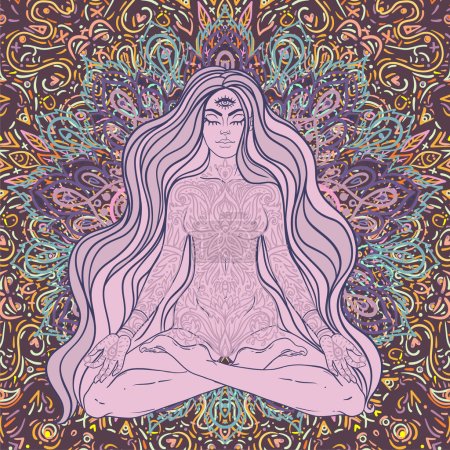Beautiful Girl sitting in lotus position over ornate colorful mandala background. Vector illustration. Psychedelic mushroom composition. Buddhism esoteric motifs. Tattoo, spiritual yoga.
