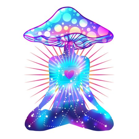 Persona mágica con cabeza de hongo en posición de loto de yoga. Alucinación psicodélica. Vibrante ilustración vectorial. 60s hippie colorido arte.