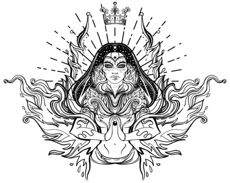 Illustration for Asian magic woman with sacred geometry and fire. Vector Illustration. Mysterious thai girl over mystic symbols and flames. Alchemy, religion, spirituality, occultism, tattoo art, Asian culture. - Royalty Free Image