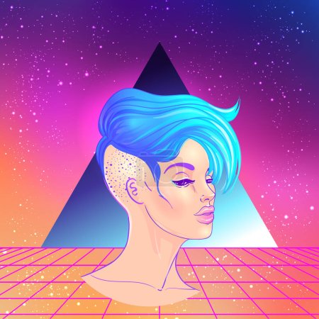 Illustration for Portrait of a young pretty androgynous woman with short shaved pixie undercut in retro futurism style. Vector illustration in neon bright colors. Blue short hair. futuristic synth wave flyer template - Royalty Free Image