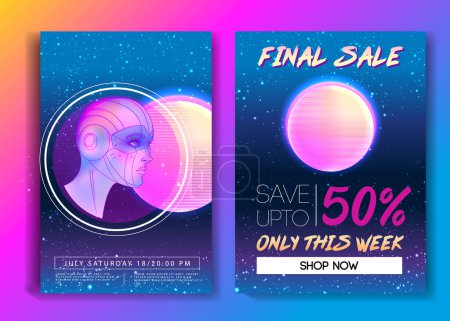 Illustration for Portrait of robot android woman in retro futurism style. Vector illustration of a cyborg in glowing neon bright colors. futuristic synth wave flyer template. Cyber technology. - Royalty Free Image