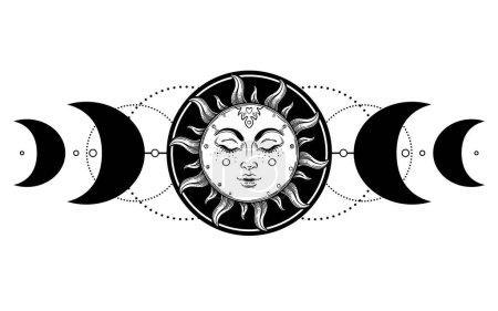 Illustration for Sun and Triple moon pagan Wicca moon goddess symbol. Three faced Goddess Maiden, Mother, Crone isolated vector illustration. Tattoo, astrology, alchemy, boho and magic symbol. Coloring book.. - Royalty Free Image