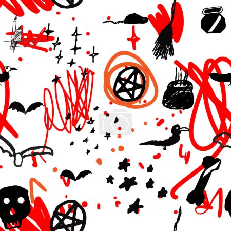 Illustration for Halloween abstract seamless background. Red blood drops, splatter, broom, raven, endless pattern. Vector isolated hand-drawn illustration. Perfect for background, print, paper or fabric designs. - Royalty Free Image