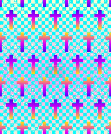 Illustration for Kawaii funny spooky chequer seamless pattern. Halloween wrapping paper background in neon pastel colors. Cute gothic style. Vanilla rainbow concept. - Royalty Free Image