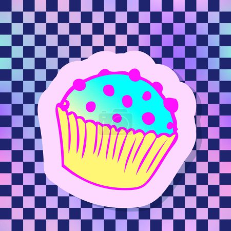 Ilustración de Cupcake. Vector illustration over chequer pattern background. Pin, patch design. - Imagen libre de derechos