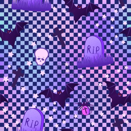 Ilustración de Kawaii funny spooky seamless pattern with chequer. Halloween wrapping paper background, neon pastel colors. Cute gothic style. Vanilla rainbow concept. - Imagen libre de derechos