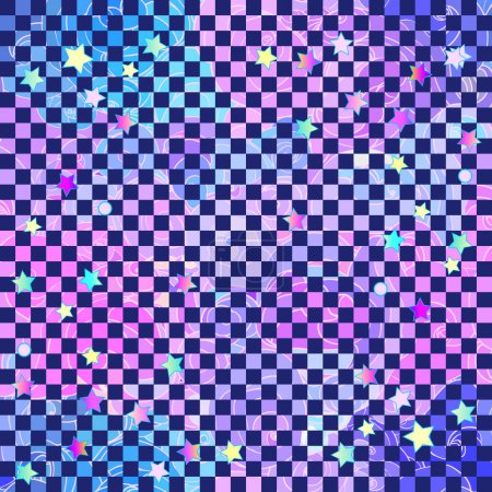 Ilustración de Vector color abstract hand-drawn pattern with waves, clouds and chequer in neon pastel colors. Retro gothic style. Colorful rainbow concept. - Imagen libre de derechos