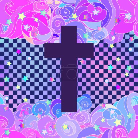 Illustration for Vanilla cross. Glamour Halloween background witn chequer pattern in neon pastel colors. Cute gothic style. Colorful rainbow concept. - Royalty Free Image