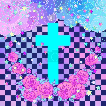 Illustration for Vanilla cross. Glamour Halloween background witn chequer pattern in neon pastel colors. Cute gothic style. Colorful rainbow concept. - Royalty Free Image