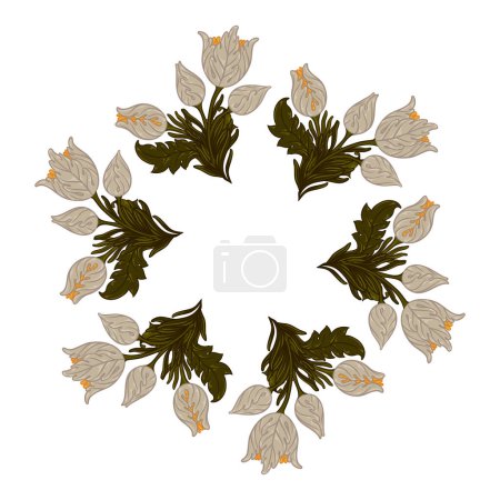 Téléchargez les illustrations : Cadre floral isolé sur fond blanc. Silhouette cercle de feuilles. Cadre floral. Fleurs rétro mignonnes, la couronne parfaite pour les invitations de mariage et les cartes d'anniversaire - en licence libre de droit