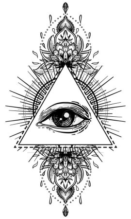 Illustration for Blackwork tattoo flash. Eye of Providence. Masonic symbol. All seeing eye inside triangle pyramid. New World Order. Sacred geometry, religion, spirituality, occultism. Isolated vector illustration. - Royalty Free Image