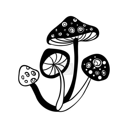 Illustration for Magic mushrooms. Psychedelic hallucination. Outline vector illustration isolated on white. 60s hippie art. Coloring book for kids and adults. - Royalty Free Image