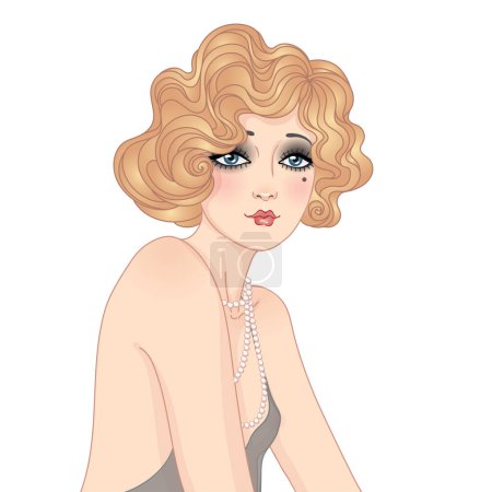 Illustration for Art Deco vintage illustration of flapper girl. Retro party character in 1920s style. Vector design for glamour event or jazz party. - Royalty Free Image