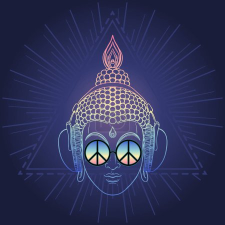 Illustration for Peace and Love. Colorful Buddha in rainbow glasses listening to the music in headphones. Vector illustration. Hippie peace sign on sunglasses. Psychedelic concept. Buddhism, trance music. Esoteric art - Royalty Free Image