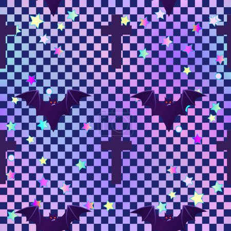 Illustration for Kawaii funny spooky seamless pattern with chequer. Halloween wrapping paper background, neon pastel colors. Cute gothic style. Vanilla rainbow concept. - Royalty Free Image