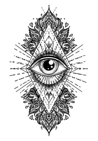 Blackwork tatuaje flash. Ojo de la Providencia. Símbolo masónico. Todos viendo el ojo dentro de la pirámide del triángulo. Nuevo Orden Mundial. Geometría sagrada, religión, espiritualidad, ocultismo. Ilustración vectorial aislada.