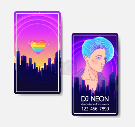 Illustration for Futuristic synth wave style. Retroparty flyer template. Portrait of a young pretty androgynous woman with short shaved pixie undercut in retro futurism style. Vector illustration in neon bright color - Royalty Free Image