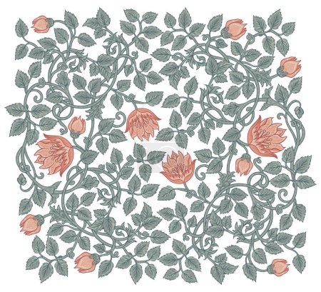 Illustration for Floral vintage squared pattern for retro wallpapers. Enchanted Vintage Flowers. Arts and Crafts movement inspired. Design for wrapping paper, wallpaper, fabrics and fashion clothes. - Royalty Free Image
