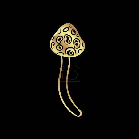Ilustración de Magic mushrooms. Psychedelic hallucination. Gold vector illustration isolated on black. 60s hippie art. Coloring book for kids and adults. - Imagen libre de derechos