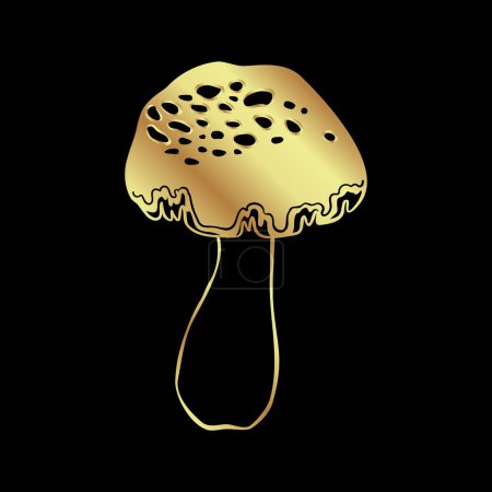 Illustration for Magic mushrooms. Psychedelic hallucination. Gold vector illustration isolated on black. 60s hippie art. Coloring book for kids and adults. - Royalty Free Image
