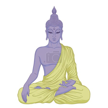 Téléchargez les illustrations : Modern Buddha listening to the music in headphones. Vector illustration. Vintage psychedelic composition. Buddhism, trance music. Tattoo, yoga, spirituality. - en licence libre de droit