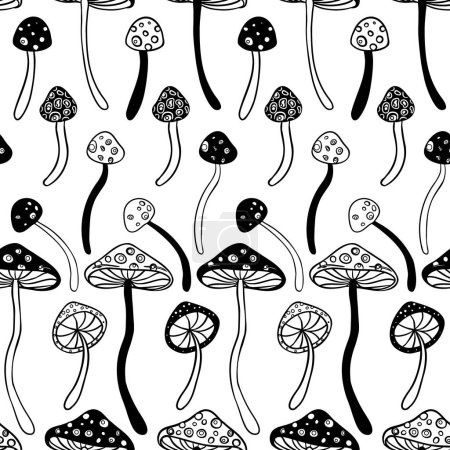 Illustration for Magic mushrooms seamless pattern. Psychedelic hallucination. 60s hippie colorful art. Vintage psychedelic textile, fabric, wrapping, wallpaper. Vector repeating illustration. - Royalty Free Image