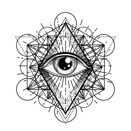 Flash de tatouage Blackwork. ?il de Providence. Un symbole maçonnique. Tous les yeux dans la pyramide triangulaire. Nouvel ordre mondial. Géométrie sacrée, religion, spiritualité, occultisme. Illustration vectorielle isolée.