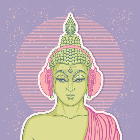 Illustration for Modern Buddha listening to the music in headphones. Vector illustration. Vintage psychedelic composition. Buddhism, trance music. Tattoo, yoga, spirituality. - Royalty Free Image