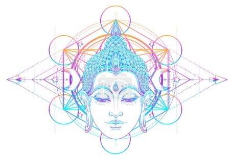 Illustration for Buddha face over ornate mandala round pattern. Esoteric vintage vector illustration. Indian, Buddhism, spiritual art. Hippie tattoo, spirituality, Thai god, yoga zen Coloring book pages for adults. - Royalty Free Image