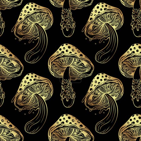 Illustration for Magic mushrooms golden seamless pattern. Psychedelic hallucination. 60s hippie colorful art. Vintage psychedelic textile, fabric, wrapping, wallpaper. Vector repeating illustration. - Royalty Free Image