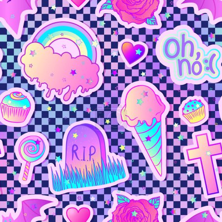 Illustration for Colorful seamless pattern: candies, sweets, rainbow, icecream, tombstone, cross, lollipop, cupcake, rose, bat. Vector illustration. Stickers, pins, patches..Halloween pastel chequer. Cute gothic style - Royalty Free Image
