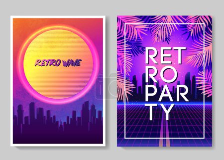 Illustration for Rave party Flyer design template set in 1980s style. Retro Futurism. Vector futuristic synth wave illustration. 80s Retro poster Background with Night City Skyline. - Royalty Free Image