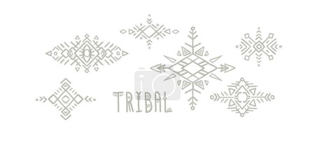 Abstrakte Vektor-Logovorlagen, die von Stammes- und indigener Kunst inspiriert sind. Geometrische Winkel und Freihandelemente schaffen dekorative Designs.
