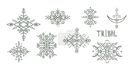 Ilustración de Plantillas abstractas de logotipo vectorial inspiradas en el arte tribal e indígena. Los ángulos geométricos y los elementos a mano alzada crean diseños decorativos. - Imagen libre de derechos