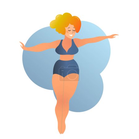 Illustration for Plus size curvy lady doing yoga class. Vector illustration isolated on white. Online home workout concept. Body positive. Attractive overweight woman. - Royalty Free Image