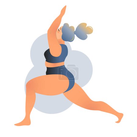 Illustration for Plus size curvy lady doing yoga class. Vector illustration isolated on white. Online home workout concept. Body positive. Attractive overweight woman. - Royalty Free Image