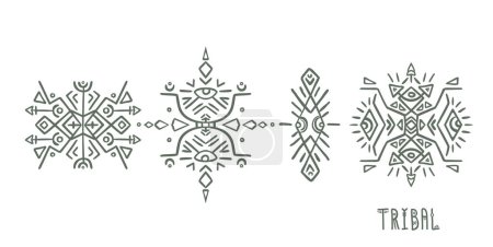 Abstrakte Vektor-Logovorlagen, die von Stammes- und indigener Kunst inspiriert sind. Geometrische Winkel und Freihandelemente schaffen dekorative Designs.