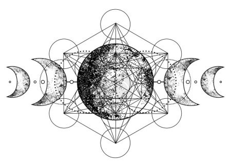 Illustration for Metatron Cube. Moon pagan Wicca moon goddess symbol. Three-faced Goddess, Maiden, Mother, Crone isolated vector illustration. Tattoo, astrology, alchemy, boho and magic symbol. Coloring book.. - Royalty Free Image