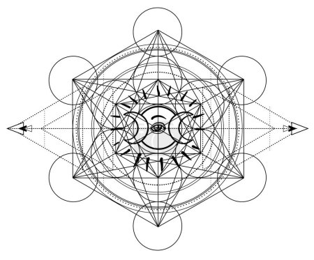 Illustration for Metatron Cube. Moon pagan Wicca moon goddess symbol. Three-faced Goddess, Maiden, Mother, Crone isolated vector illustration. Tattoo, astrology, alchemy, boho and magic symbol. Coloring book.. - Royalty Free Image