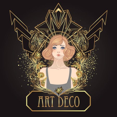 Illustration for Art Deco vintage invitation template design with illustration of flapper girl over patterns and frames. Retro party background set in1920s style. Vector for glamour event, thematic wedding or jazz - Royalty Free Image